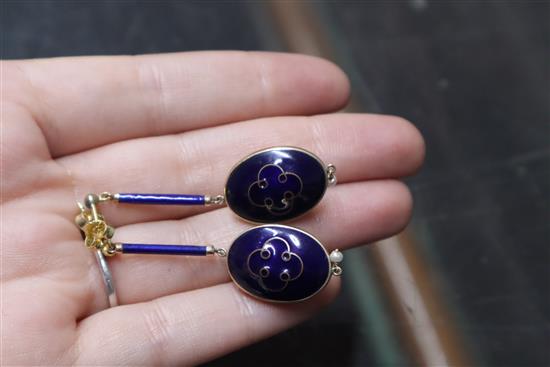 Five assorted pairs of earrings including pietra dura, enamel and gem set bug earrings, a swallow brooch and spider brooch.